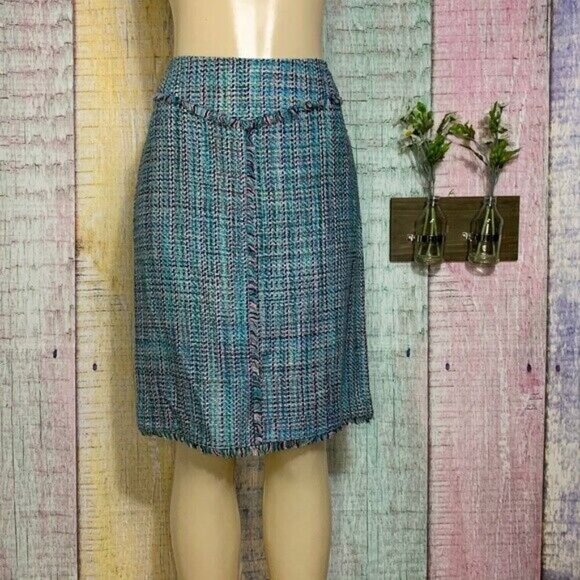 Doncaster Long Professional Business Tweed Skirt Size 10 Women’s Blue Silk Rayon